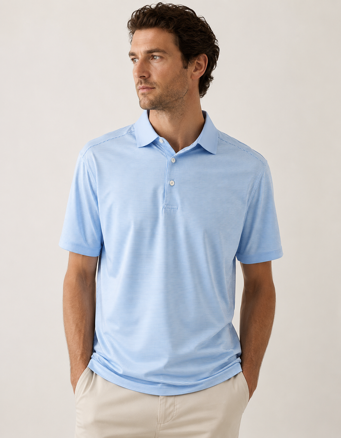 Micro Light Blue & White Stripe Polo (Solid Blue Ribbed Collar)