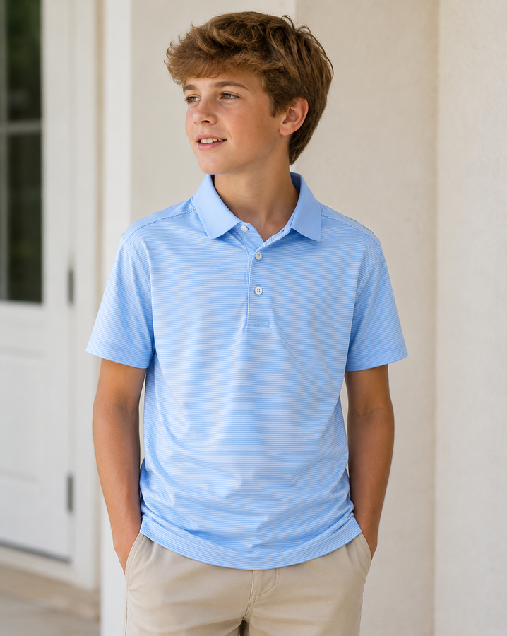 Kids Micro Light Blue & White Polo (Solid Blue Ribbed Collar)